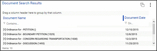 Document Search Results list with displayed Document Name and Document Date columns.