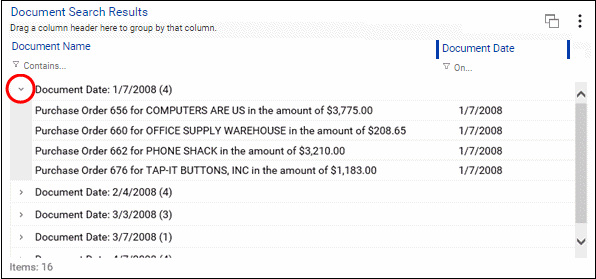 Screenshot of grouped document list, with the expand/collapse group arrow highlighted.