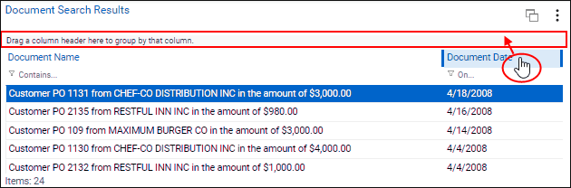 Detail of the top of the Document Search Results List where column headers can be dragged and grouped.